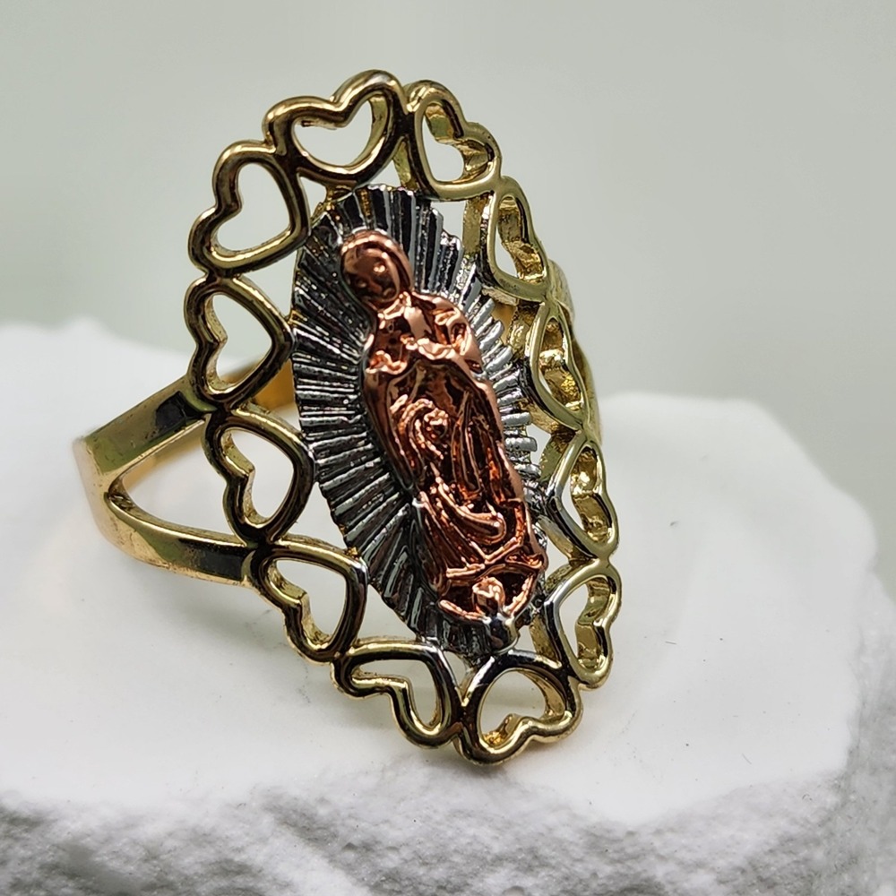 Virgin Mary Heart Tri Tone Gold Silver & Copper Tone Statement Cocktail Ring